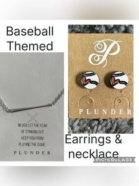 Plunder Silver Tone Necklace and Stud Earrings with Baseball Theme